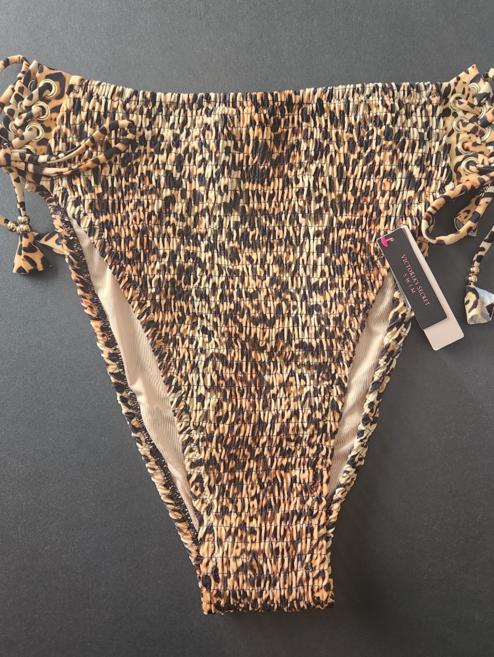 L XL VS High Waist Smocked Cheeky Bikini Bottom Leopard